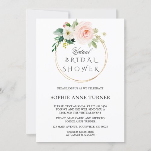 Pink Blush Flowers Virtual Bridal Shower By Mail Invitation
