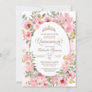 Pink & Blush Flowers Watercolor Floral Quinceanera Invitation