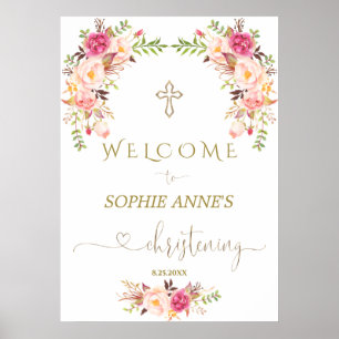 Pink Blush Flowers Welcome Girl Christening Sign