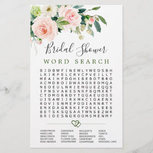 Pink Blush Flowers Word Search Bridal Shower Game