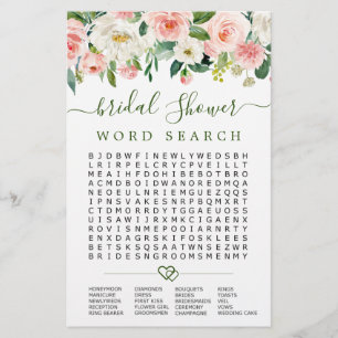 Pink Blush Flowers Word Search Bridal Shower Game