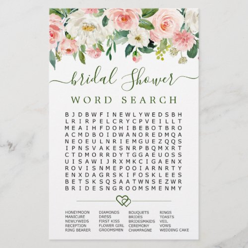 Pink Blush Flowers Word Search Bridal Shower Game