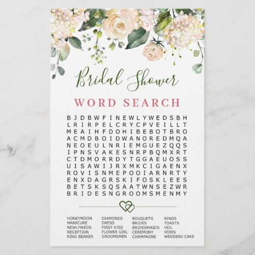 Pink Blush Flowers Word Search Bridal Shower Game