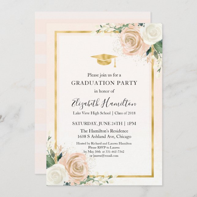Pink Blush & Foil Gold Floral Graduation Party Invitation (Front/Back)