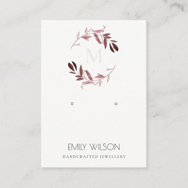 PINK BLUSH FOLIAGE MONOGRAM EARRING DISPLAY LOGO BUSINESS CARD (Front)