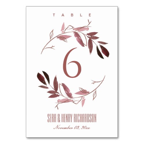 PINK BLUSH FOLIAGE WATERCOLOR WASH WREATH WEDDING TABLE NUMBER