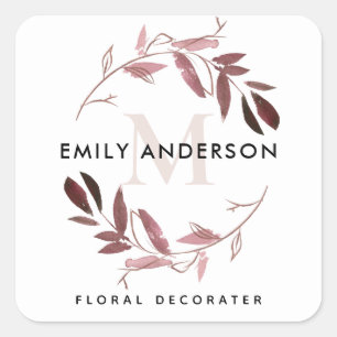 PINK BLUSH FOLIAGE WREATH PROFESSIONAL MONOGRAM SQUARE STICKER