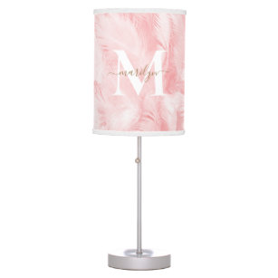 Pink Blush Girly Feather Monogram Name Table Lamp