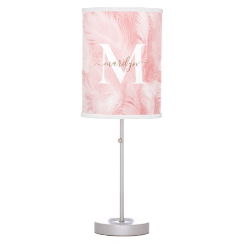 Pink Blush Girly Feather Monogram Name Table Lamp