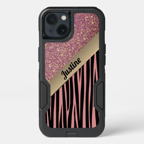 Pink Blush Glam Zebra Print Personalized iPhone 13 Case