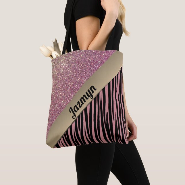 Pink Blush Glam Zebra Print Personalized Tote Bag (Close Up)