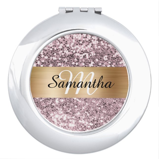 Pink Blush Glitter Gold Shimmer Foil Monogram Compact Mirror (Front)