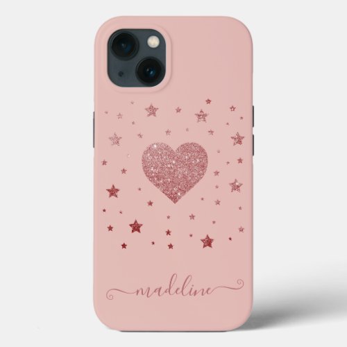 Pink Blush Glitter Heart Stars Monogram iPhone 13 Case