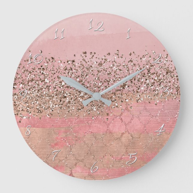 Pink Blush Glitter Moroccan Indian Princess Glam Large Clock (Front)