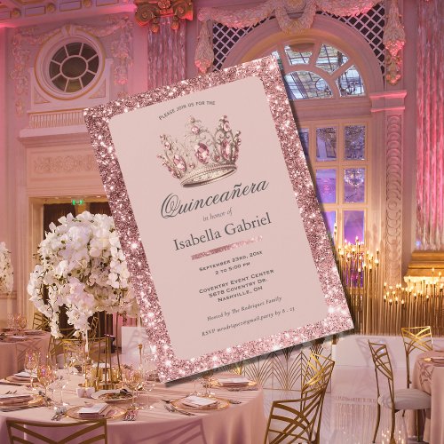 Pink Blush Glitter Tiara Crown Elegant Quinceaera Invitation