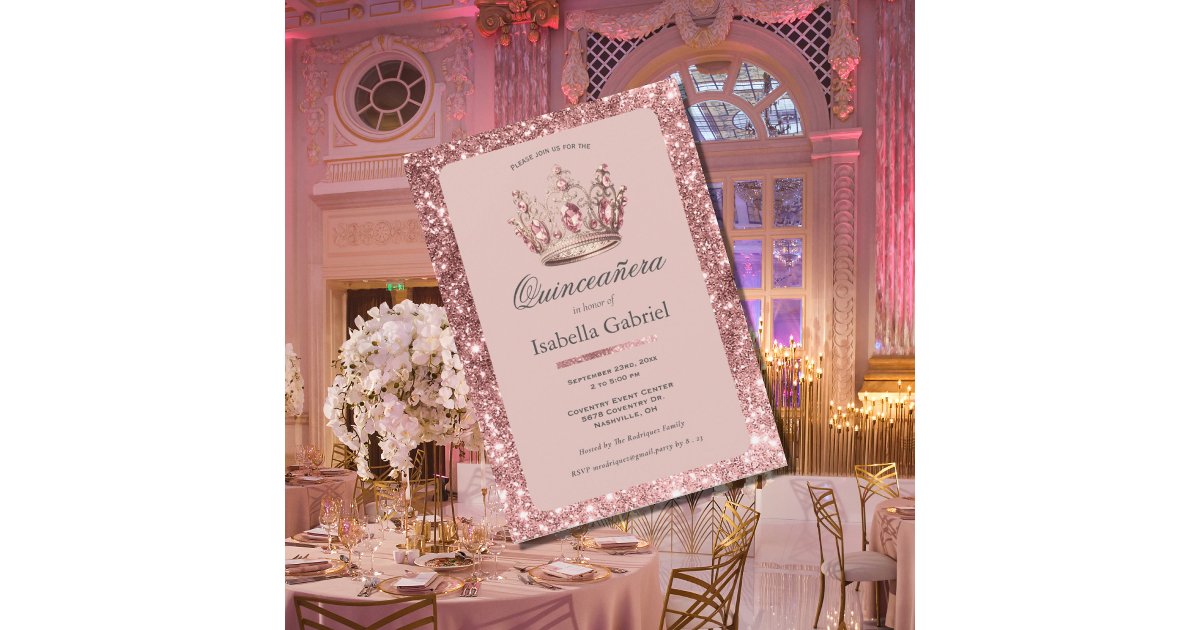 Pink Blush Glitter Tiara Crown Elegant Quinceañera Invitation | Zazzle