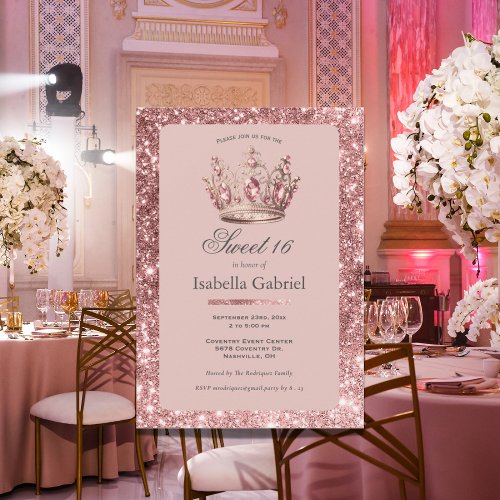 Pink Blush Glitter Tiara Crown Elegant Sweet 16 Invitation