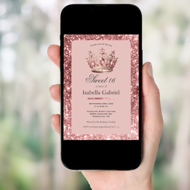 Pink Blush Glitter Tiara Crown Elegant Sweet 16 Invitation (Front Digital)