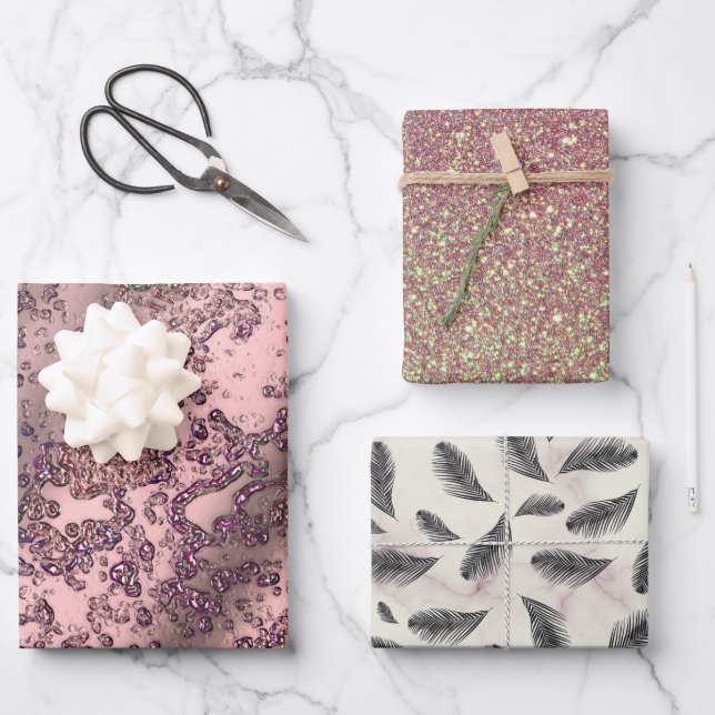 Pink Blush Glittery Marble Feathers Wrapping Paper Sheets (Front)