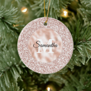Pink Blush Glitzy Glitter Monogram Ceramic Ornament