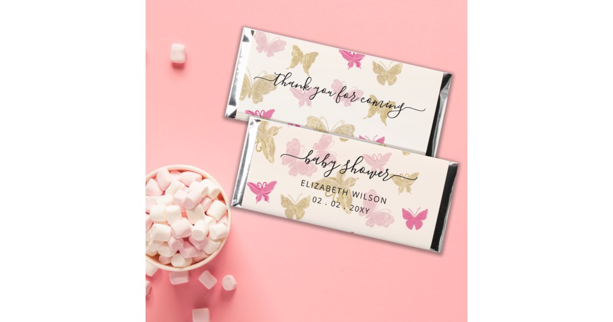 Pink Blush Gold Butterflies Girl Baby Shower Hershey Bar Favors | Zazzle