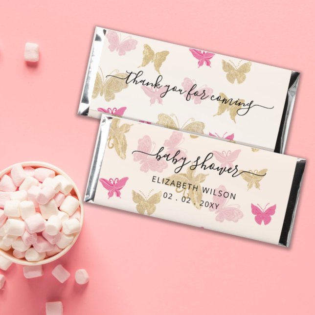 Pink Blush Gold Butterflies Girl Baby Shower   Hershey Bar Favors (Creator Uploaded)