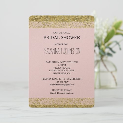Pink Blush Gold Faux Glitter Stripes bridal shower Invitation