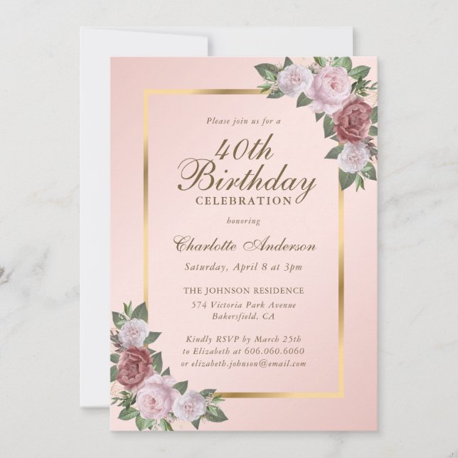 Pink Blush Gold Floral 40th Birthday Invitation (Front)