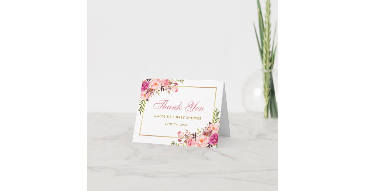 Pink Blush Gold Floral Baby Shower Thanks Note P Thank You Card | Zazzle