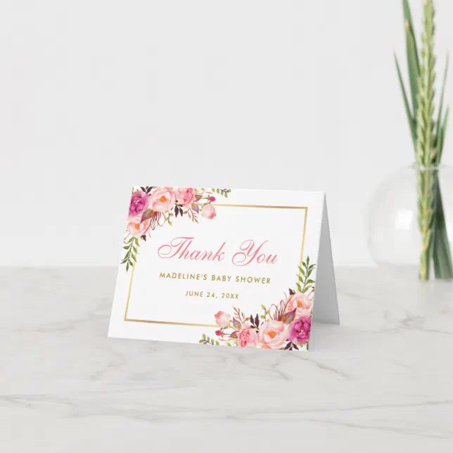 Pink Blush Gold Floral Baby Shower Thanks Note P Thank You Card | Zazzle