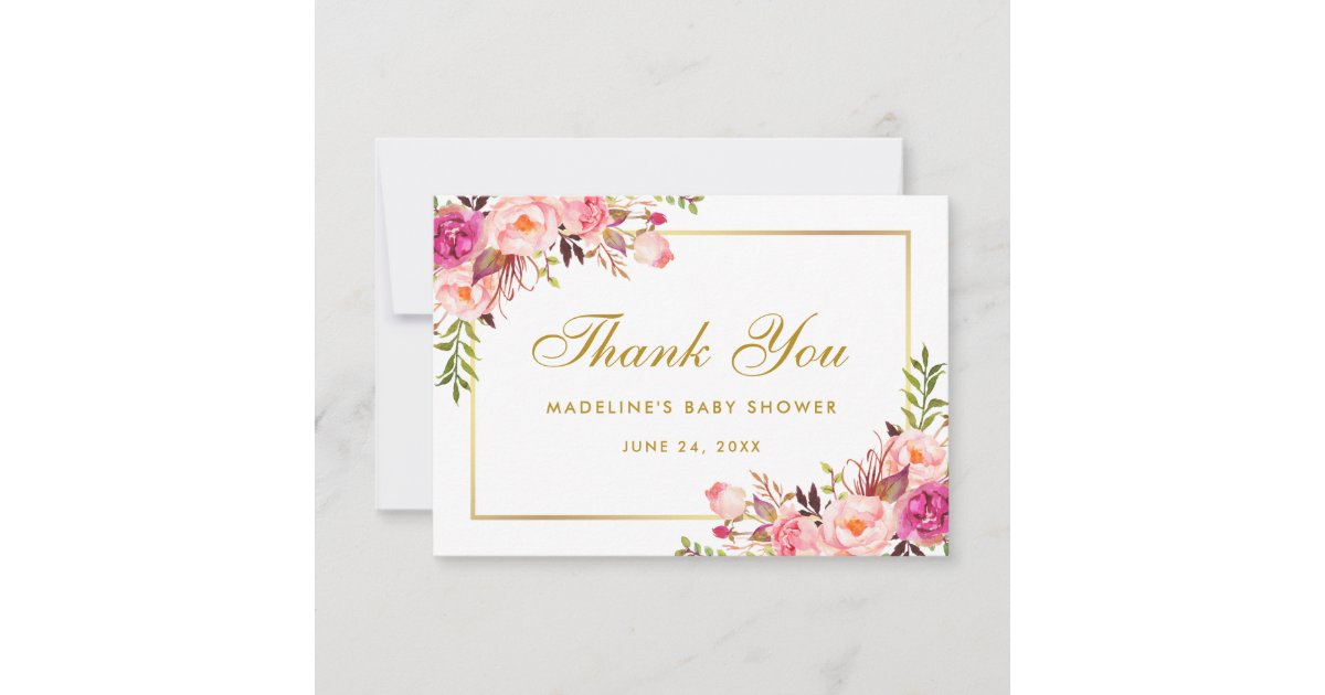 Pink Blush Gold Floral Baby Shower Thanks Thank You Card | Zazzle