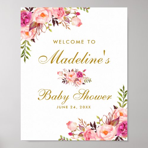 Pink Blush Gold Floral Baby Shower Welcome Poster