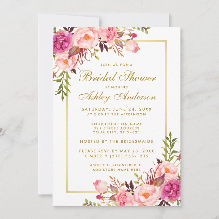 Pink Blush Gold Floral Bridal Shower Invitation | Zazzle