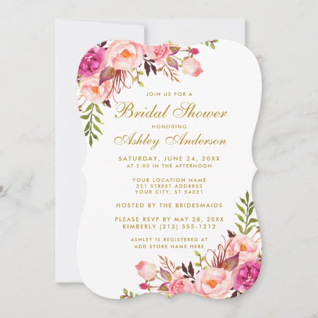 Pink Blush Gold Floral Bridal Shower Invitation B (Front)