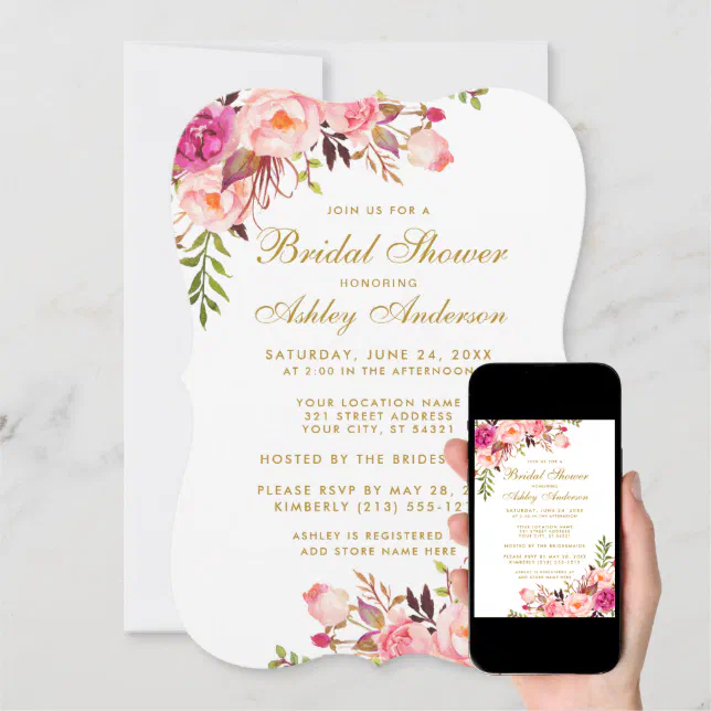 Pink Blush Gold Floral Bridal Shower Invitation B Zazzle 7512