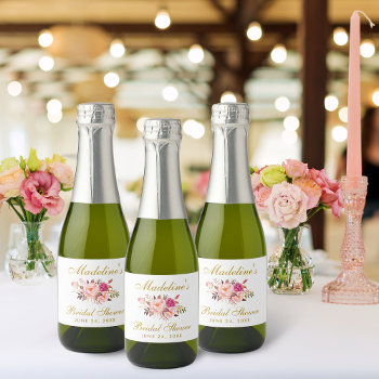 Pink Blush Gold Floral Bridal Shower Mini Sparkling Wine Label by PearlBay at Zazzle