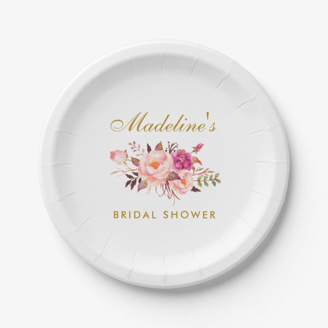 Pink Blush Gold Floral Bridal Shower Paper Plates (Front)