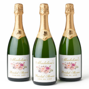 Pink Blush Gold Floral Bridal Shower Sparkling Wine Label