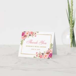 Pink Blush Gold Floral Bridal Shower Thanks Note P Thank You Card