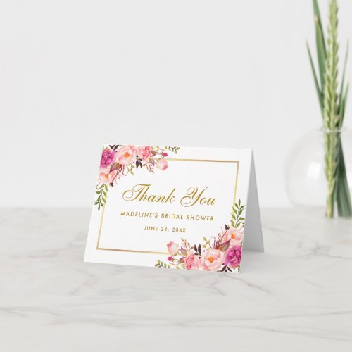 Pink Blush Gold Floral Bridal Shower Thanks Note Thank You Card