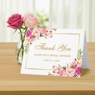 Pink Blush Gold Floral Bridal Shower Thanks Note Thank You Card