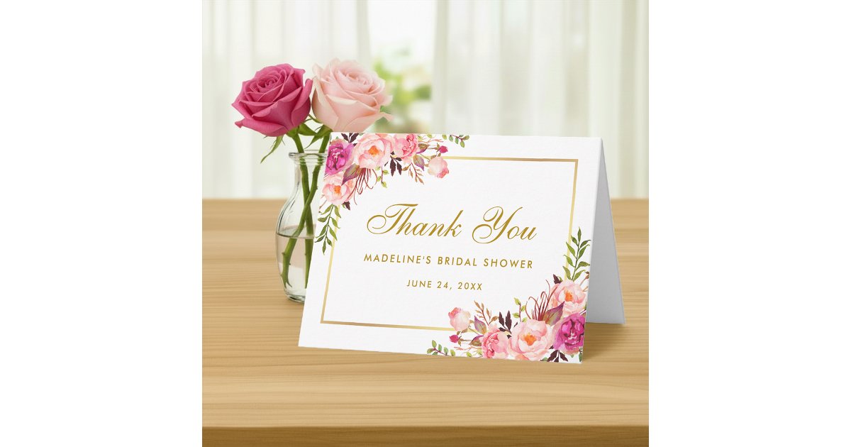 Pink Blush Gold Floral Bridal Shower Thanks Note Thank You Card | Zazzle
