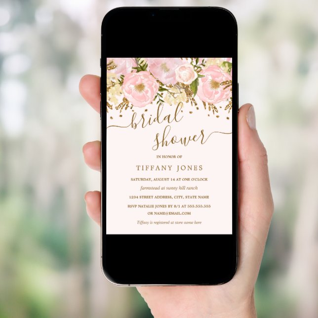 Pink Blush Gold Floral Confetti Bridal Shower Invitation (Front Digital)
