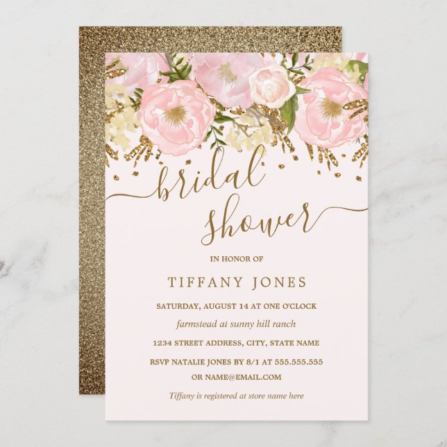 Pink Blush Gold Floral Confetti Bridal Shower Invitation (Front/Back)