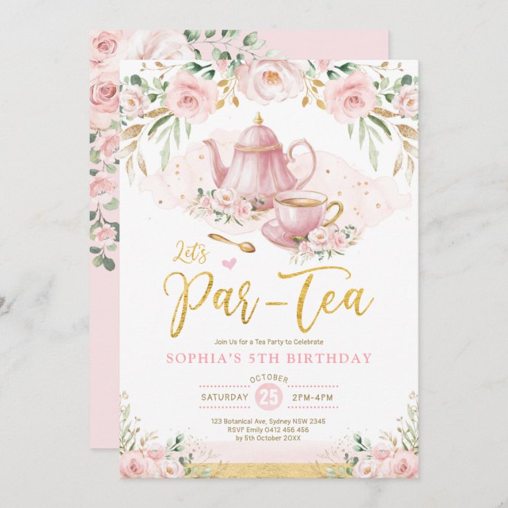 Pink Blush Gold Floral Girls Birthday Tea Party Invitation | Zazzle