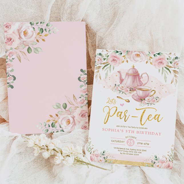 Pink Blush Gold Floral Girls Birthday Tea Party Invitation (Creator Uploaded)