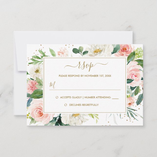 Pink Blush Gold Floral Gold Wedding RSVP (Front)