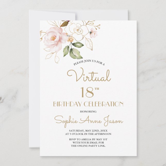 Pink Blush Gold Floral Virtual 18th Birthday Party Invitation (Front)