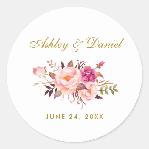 Pink Blush Gold Floral Wedding Classic Round Sticker