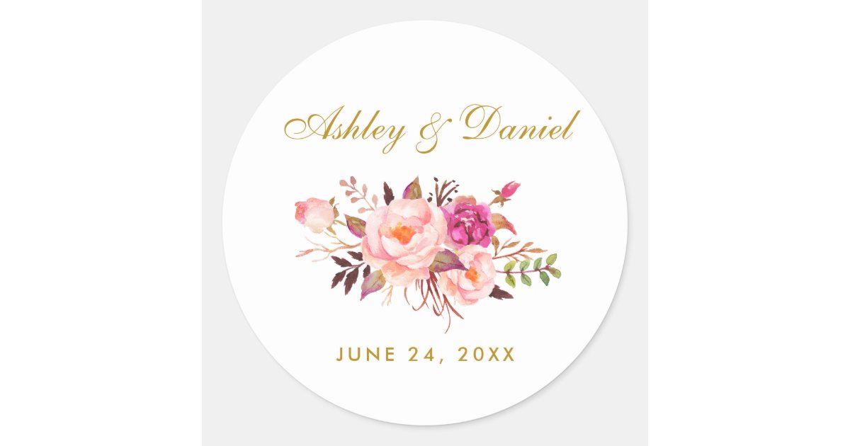Pink Blush Gold Floral Wedding Classic Round Sticker | Zazzle
